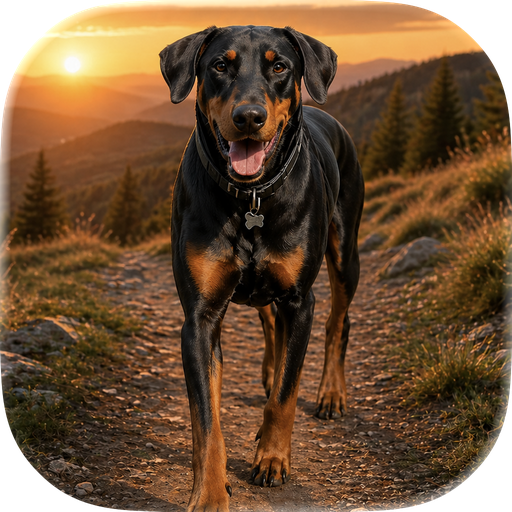 Ernie's Hikes app icon &mdash; a dog on a mountain trail at sunset