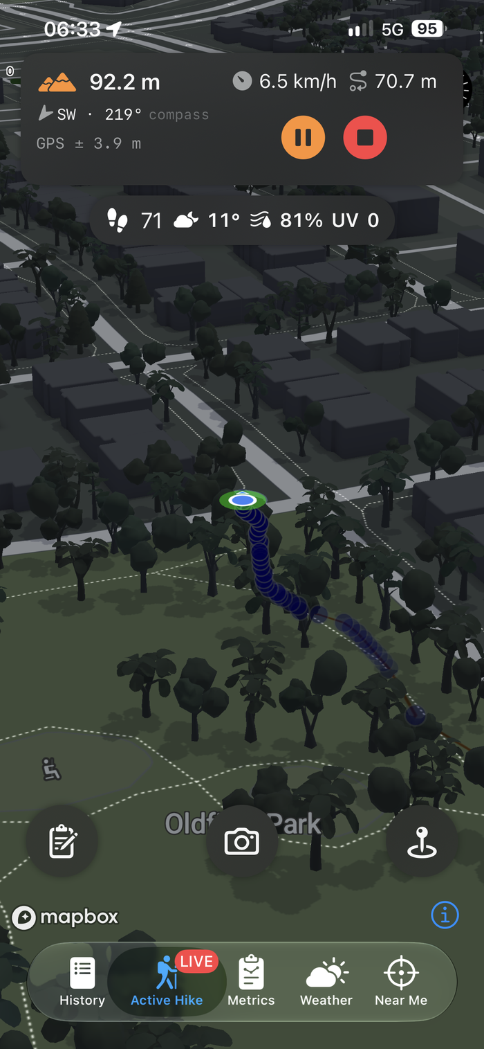 Active hike after moving, dark mode