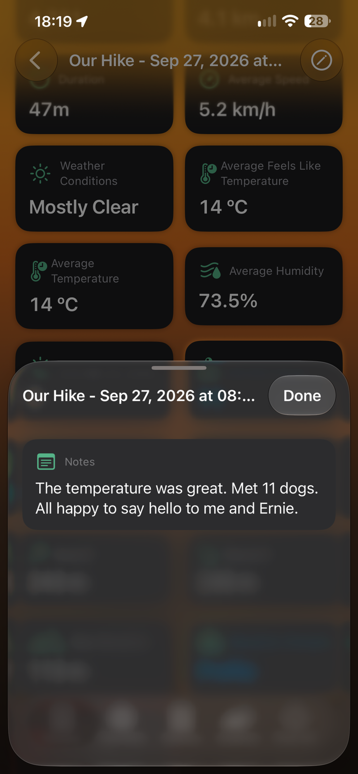 Notes sheet for a hike, dark mode