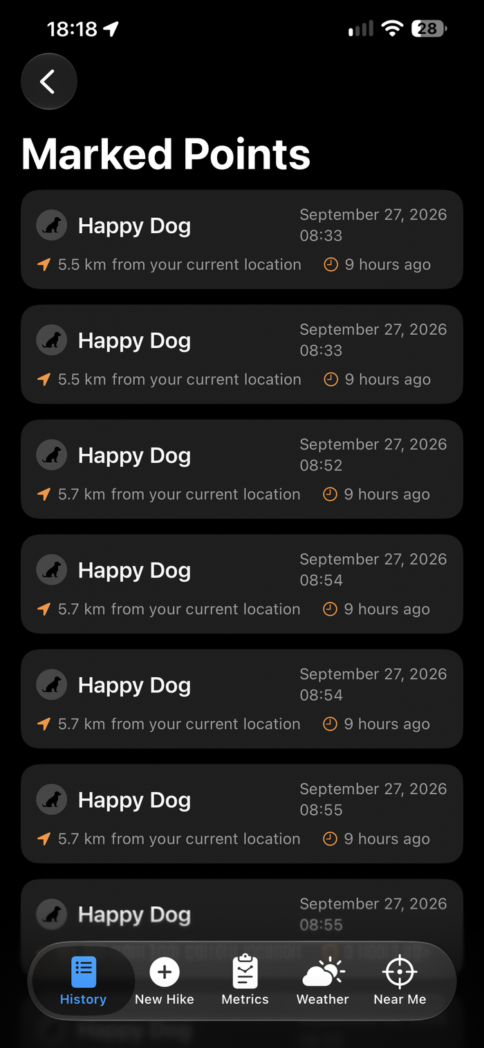Marked Points list, dark mode
