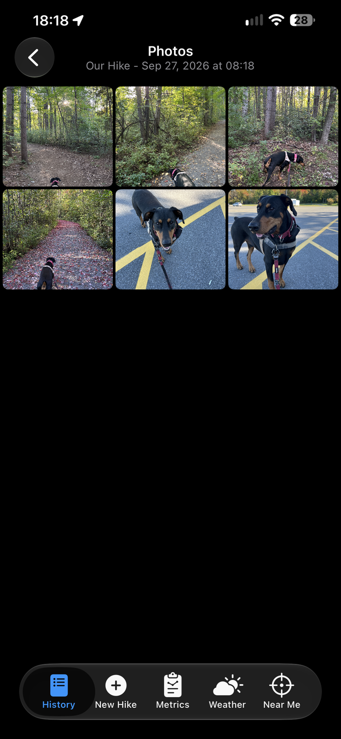 Photos grid for a hike, dark mode