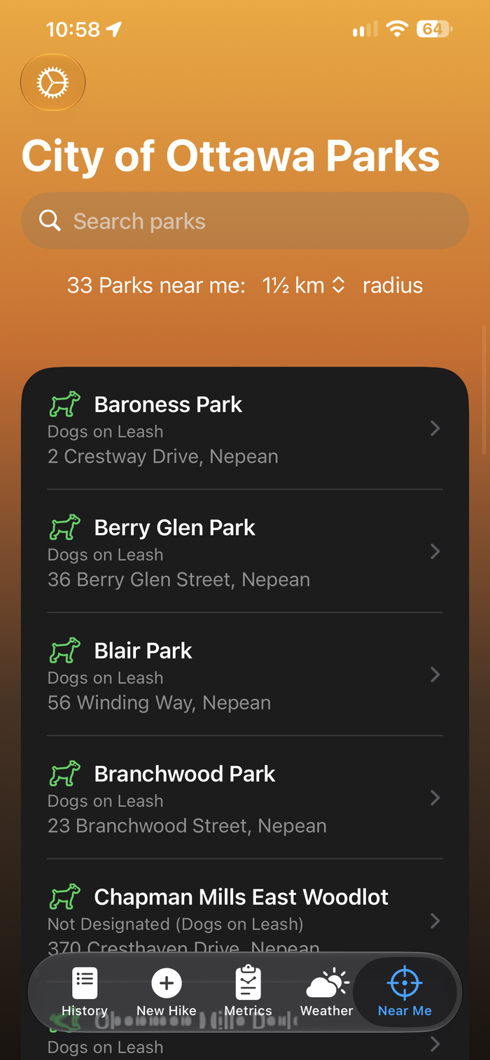 Near Me park list, dark mode
