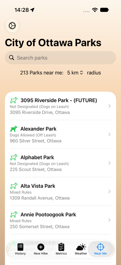 Near Me park list, light mode